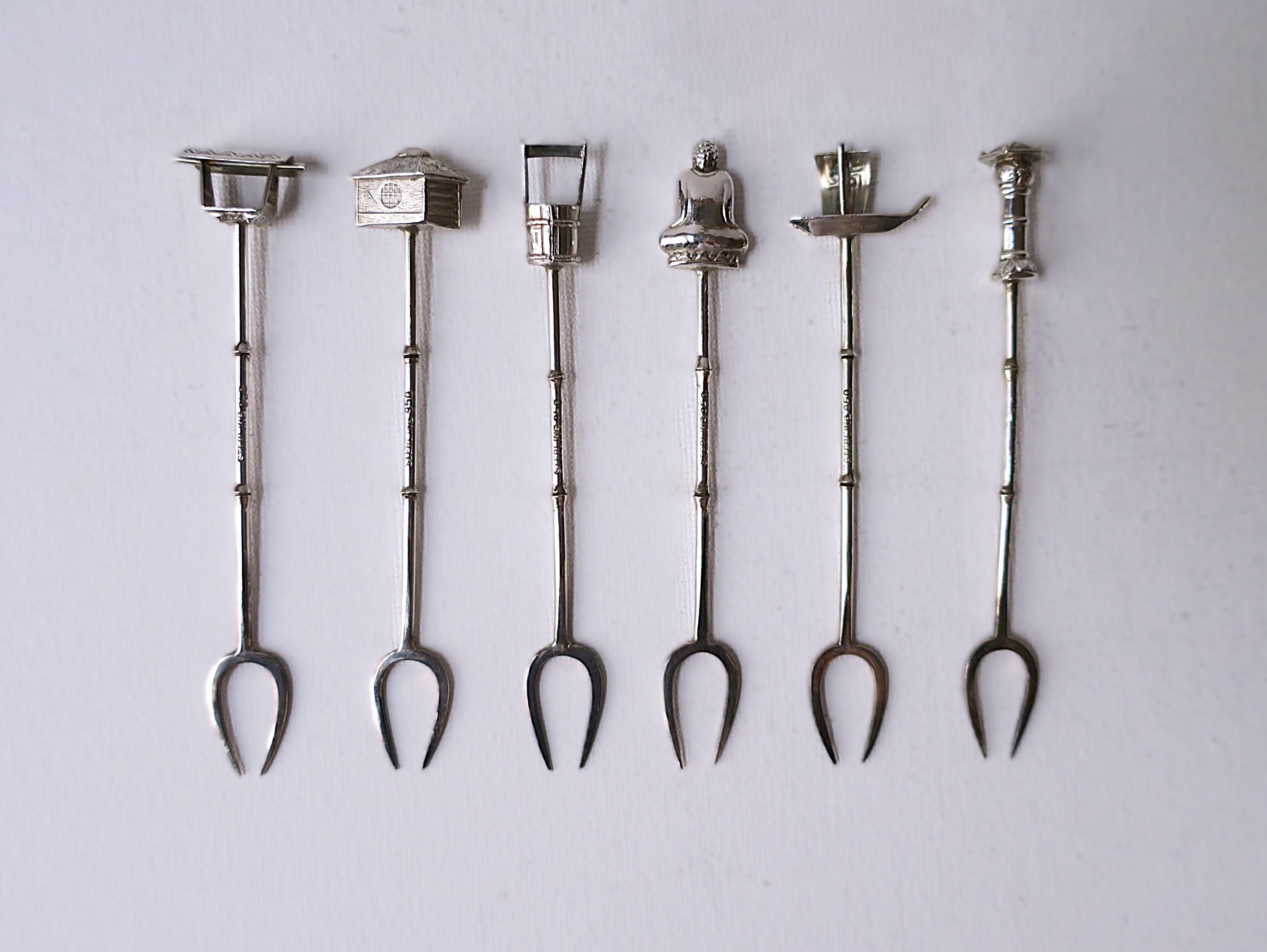 Sterling Silver Cocktail or Appetizer Fork Picks by Asahi Shoten, Japan For Sale 10