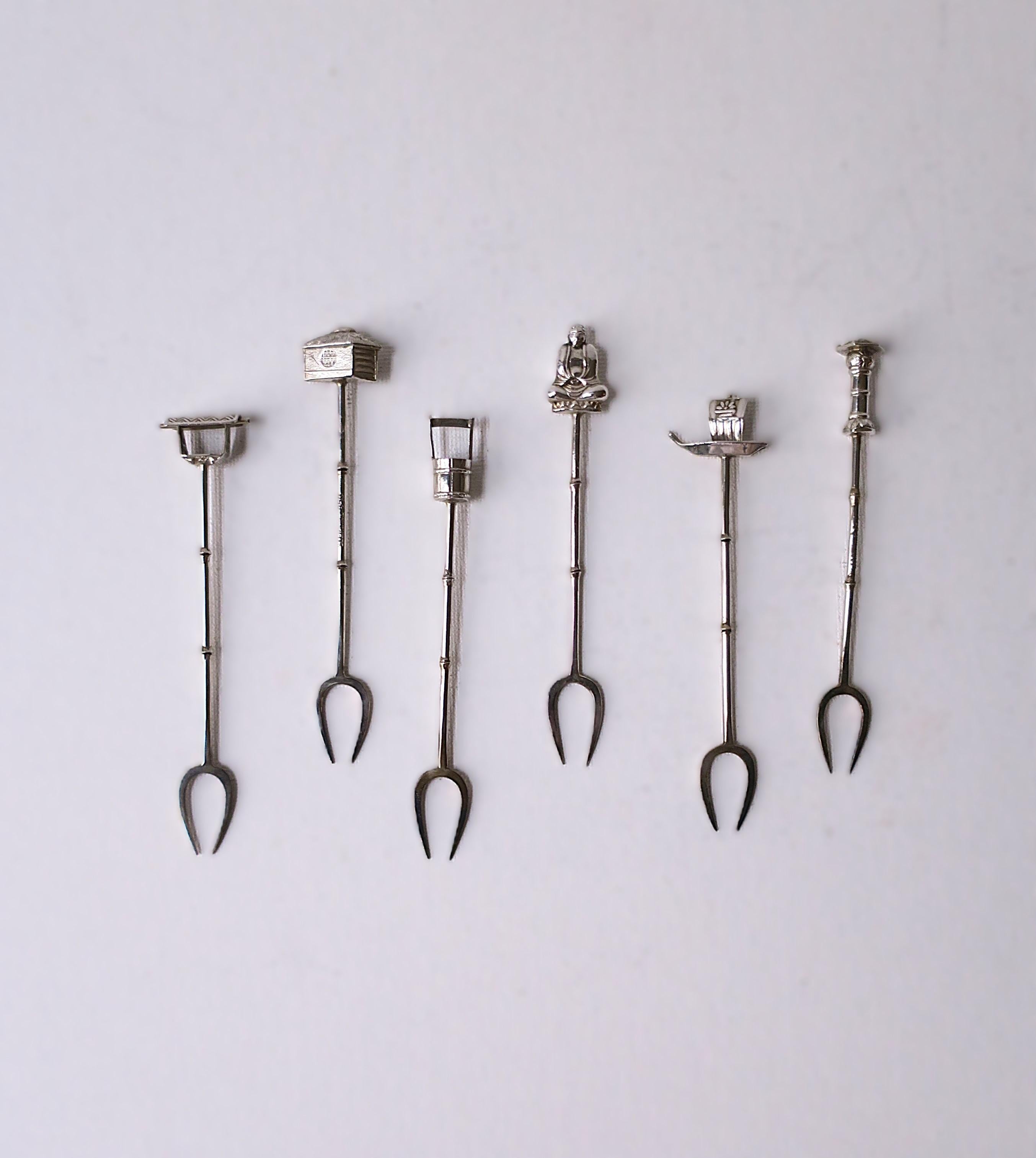 Sterling Silver Cocktail or Appetizer Fork Picks by Asahi Shoten, Japan In Excellent Condition For Sale In New York, NY