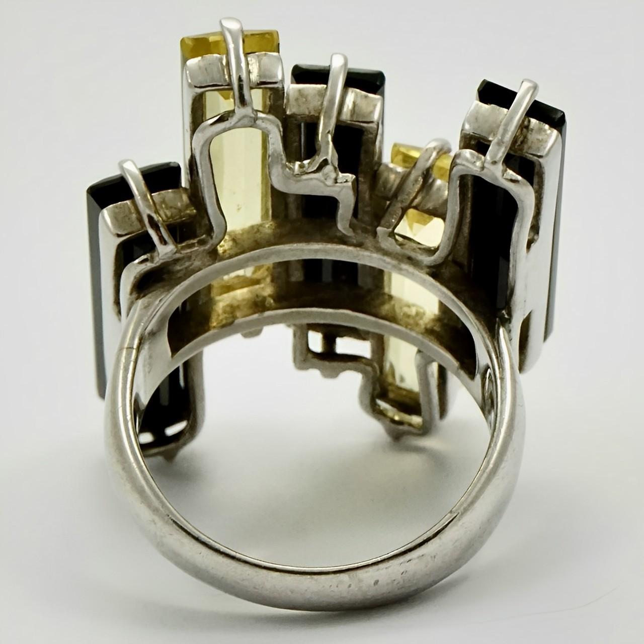 Women's or Men's Sterling Silver Cocktail Ring set with Black and Citrine Faceted Glass For Sale