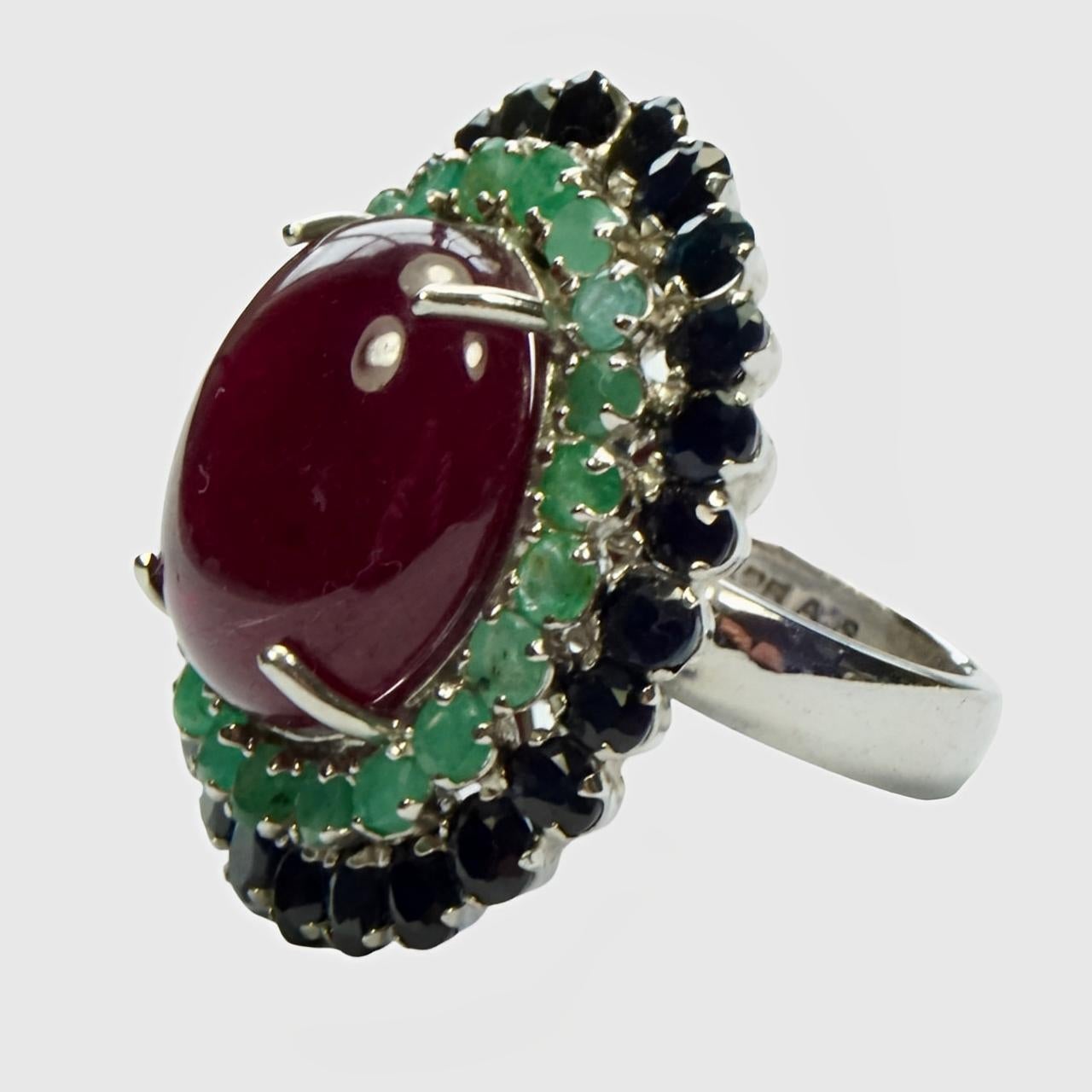 Oval Cut Sterling Silver Cocktail Ring with Blue Sapphire, Emerald and Ruby For Sale