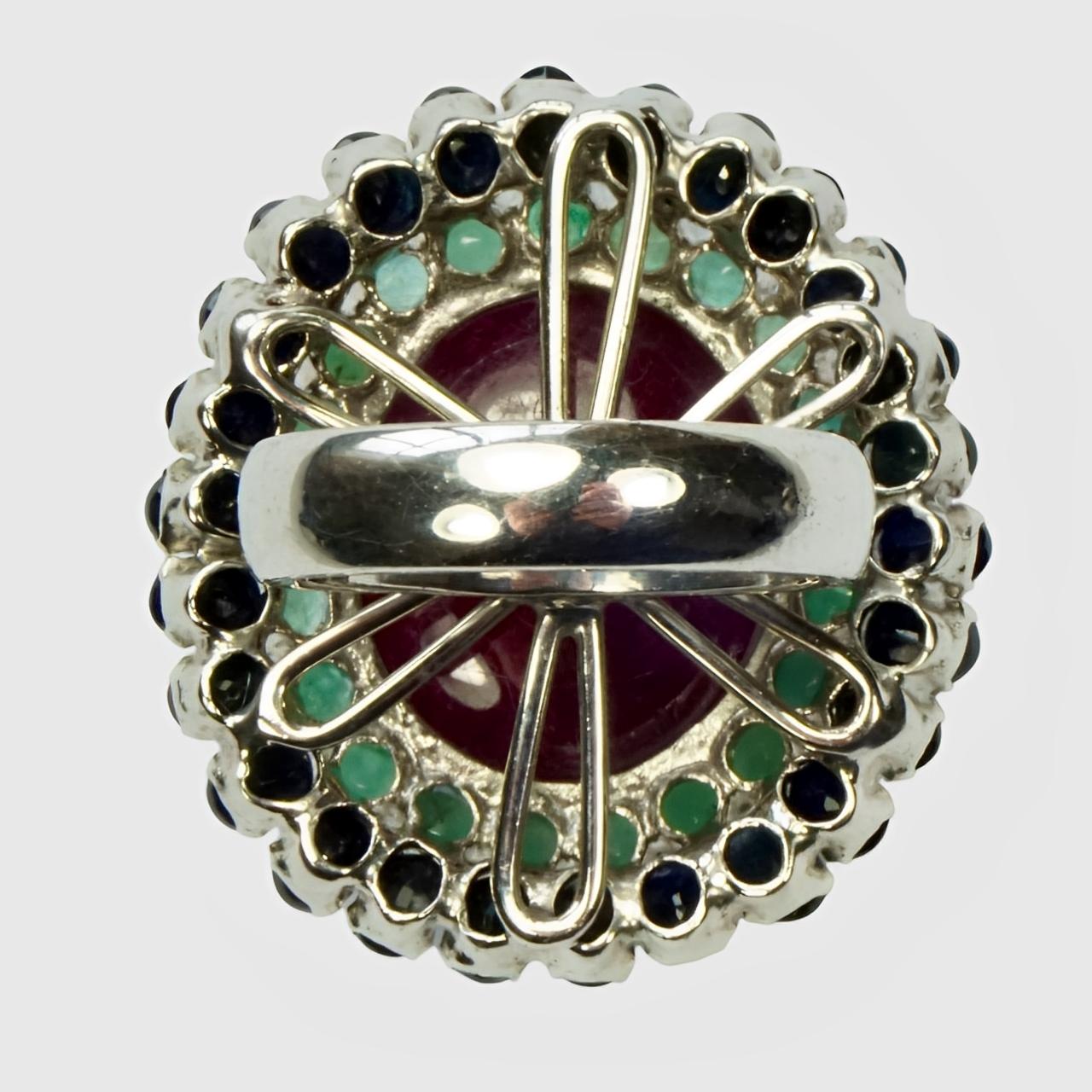 Women's or Men's Sterling Silver Cocktail Ring with Blue Sapphire, Emerald and Ruby For Sale