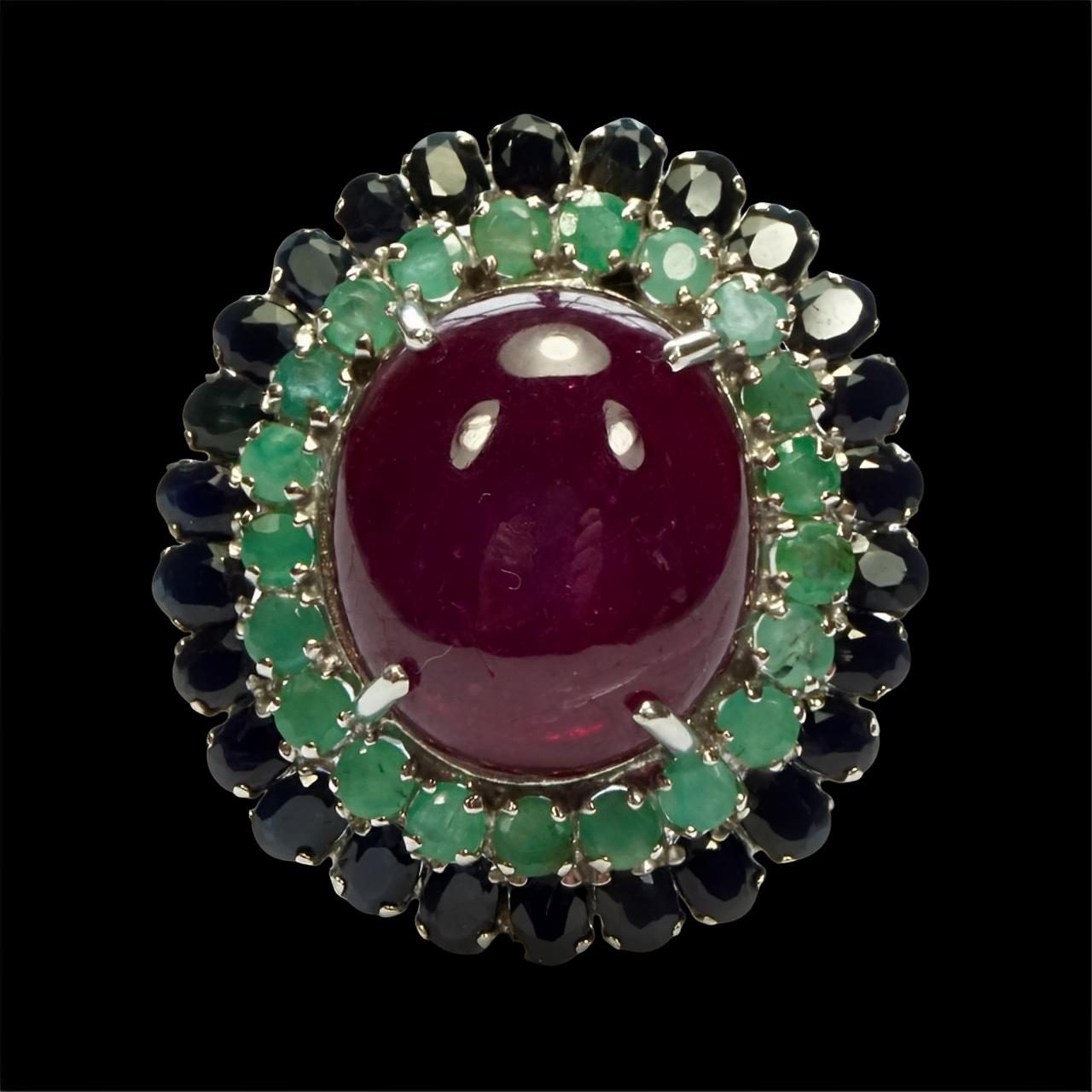 Sterling Silver Cocktail Ring with Blue Sapphire, Emerald and Ruby For Sale 2