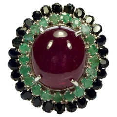 Sterling Silver Cocktail Ring with Blue Sapphire, Emerald and Ruby