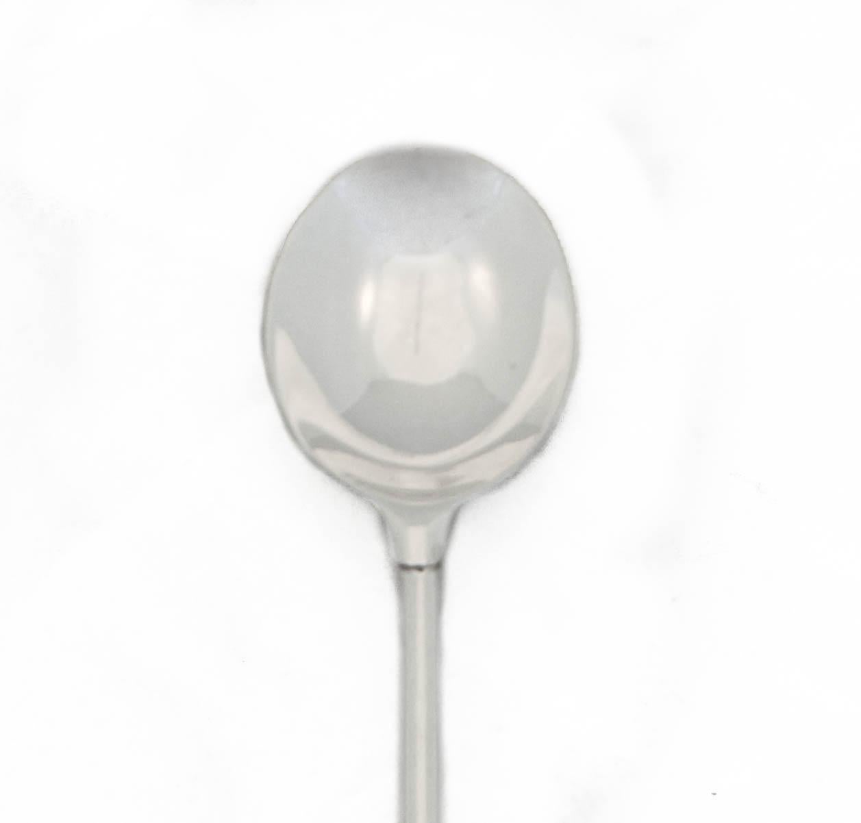 Being offered is a sterling silver cocktail spoon by the Watson Silver Company. Manufactured in the late 1950’s it has a Mid-Century sleekness that’s hard to miss. No etchings or decorative pattern, just a smooth clean look with a ball at the top.