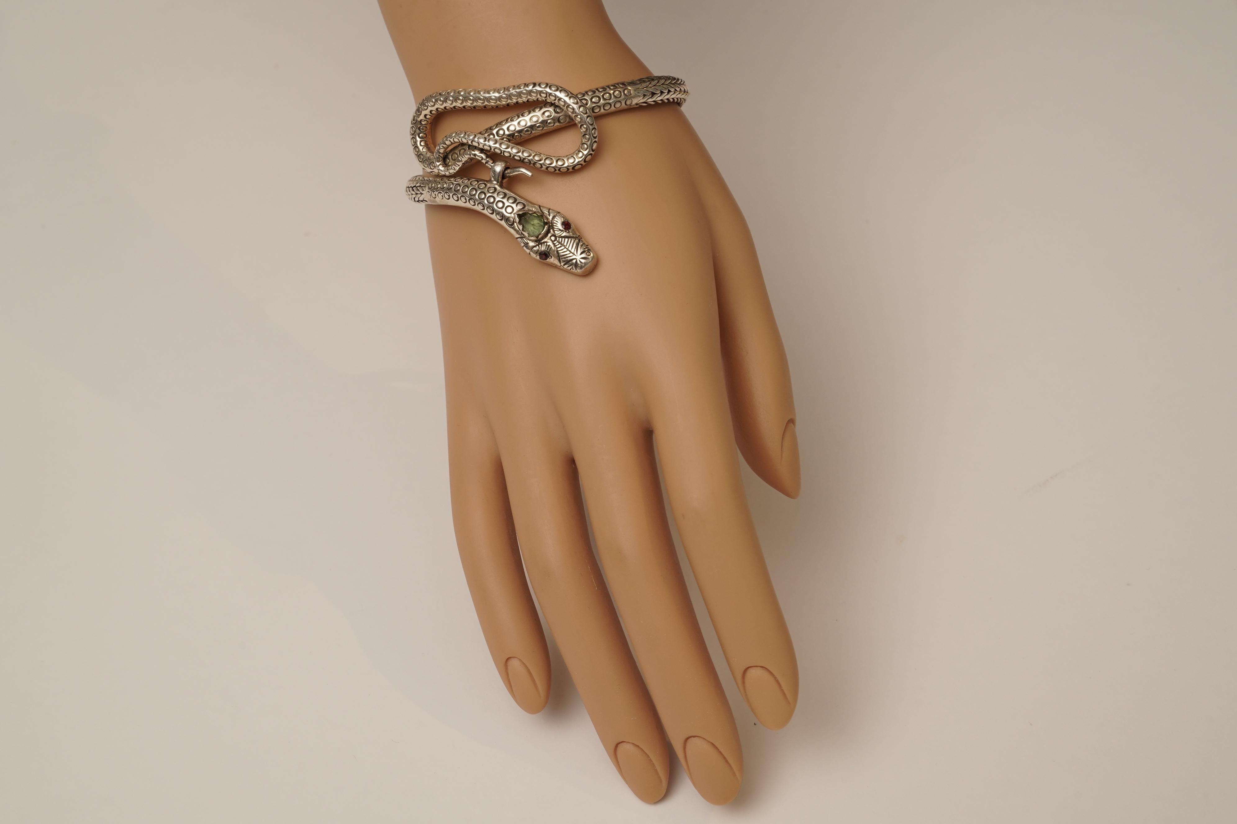 Women's or Men's Sterling Silver Coiled Snake Bracelet with Peridot