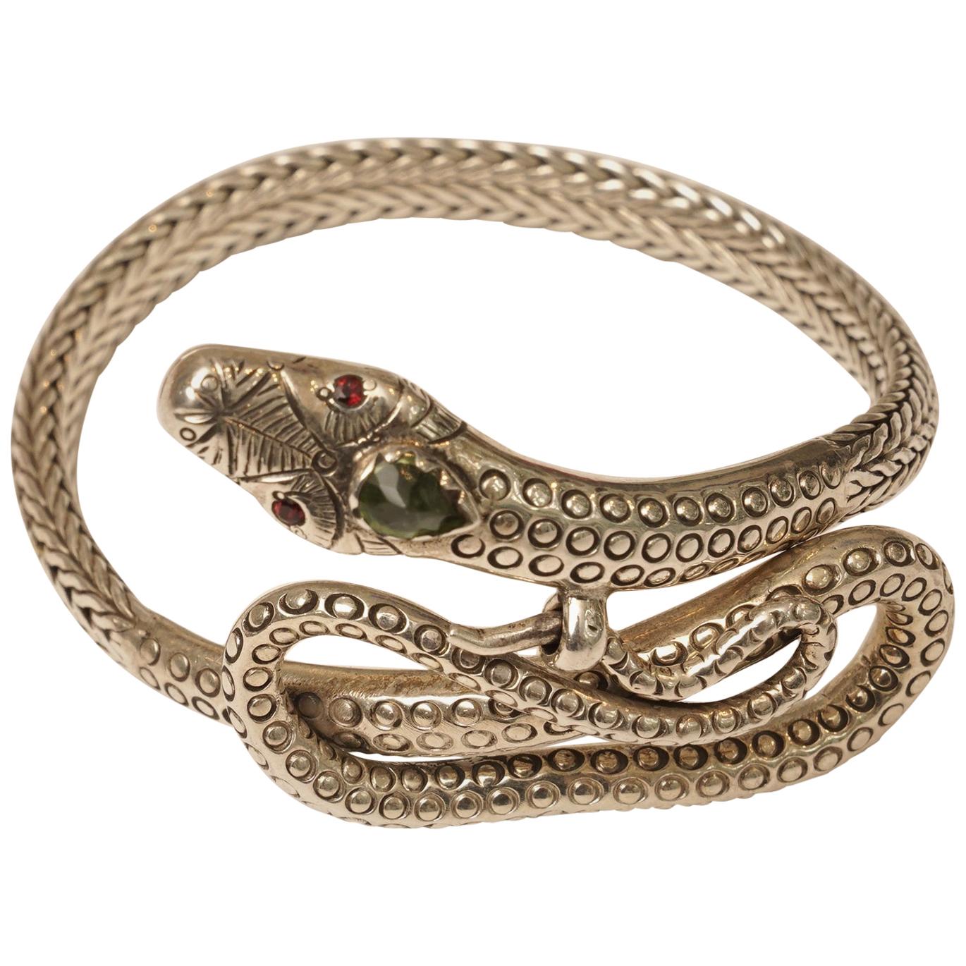 Sterling Silver Coiled Snake Bracelet with Peridot