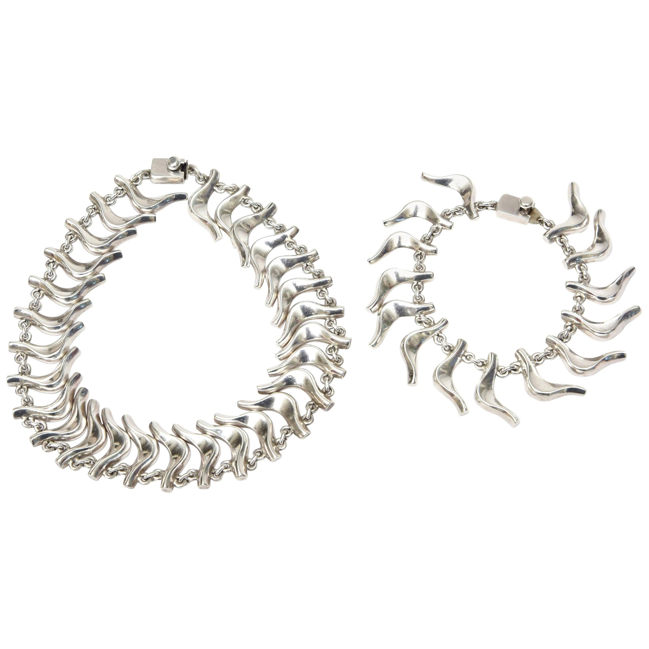 Vintage Sterling Silver Signed Collar Necklace and Charm Bracelet Set  For Sale