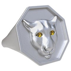 Used Sterling Silver Colorado Cougar Signet Ring and Yellow Sapphire Eyes