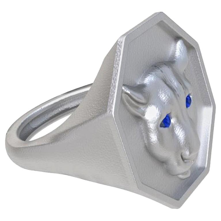 For Sale:  Sterling Silver Colorado Cougar Signet Ring with Blue Sapphire Eyes 2