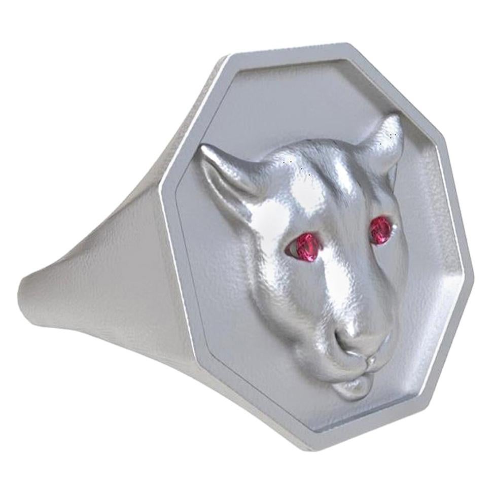 Sterling Silver Colorado Cougar Signet Ring with Pink Sapphire Eyes