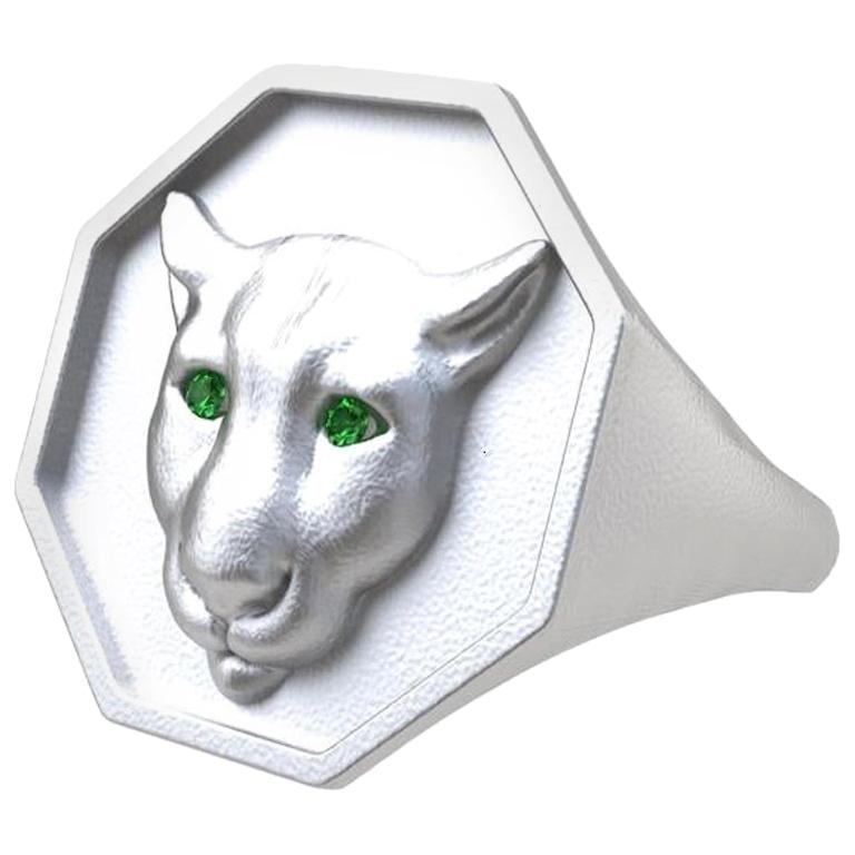Sterling Silver Colorado Cougar Signet Ring with Tsavorite Eyes