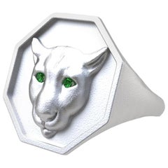 Used Sterling Silver Colorado Cougar Signet Ring with Tsavorite Eyes