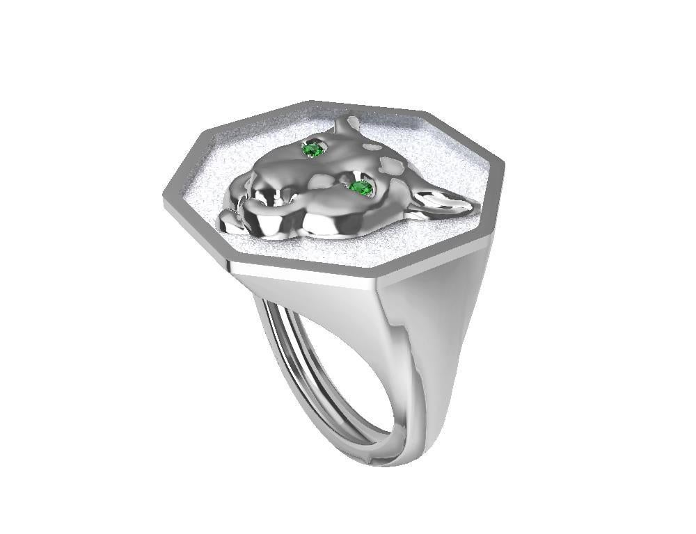 For Sale:  Sterling Silver Colorado Cougar Signet Ring with Tsavorite Eyes Rhodium Plate 3