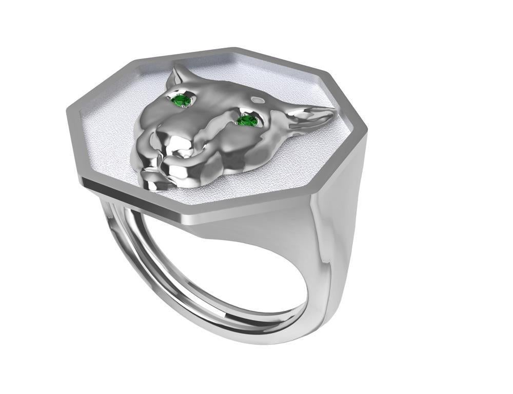 For Sale:  Sterling Silver Colorado Cougar Signet Ring with Tsavorite Eyes Rhodium Plate 4