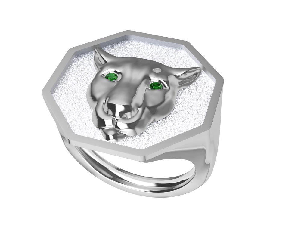 For Sale:  Sterling Silver Colorado Cougar Signet Ring with Tsavorite Eyes Rhodium Plate 5