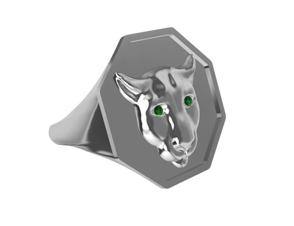For Sale:  Sterling Silver Colorado Cougar Signet Ring with Tsavorite Eyes Rhodium Plate 6