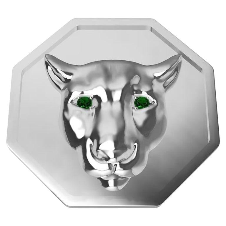 Bague sigillaire Colorado Cougar en argent sterling avec yeux en tsavorite et plaque en rhodium