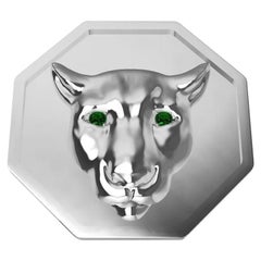 Used Sterling Silver Colorado Cougar Signet Ring with Tsavorite Eyes Rhodium Plate