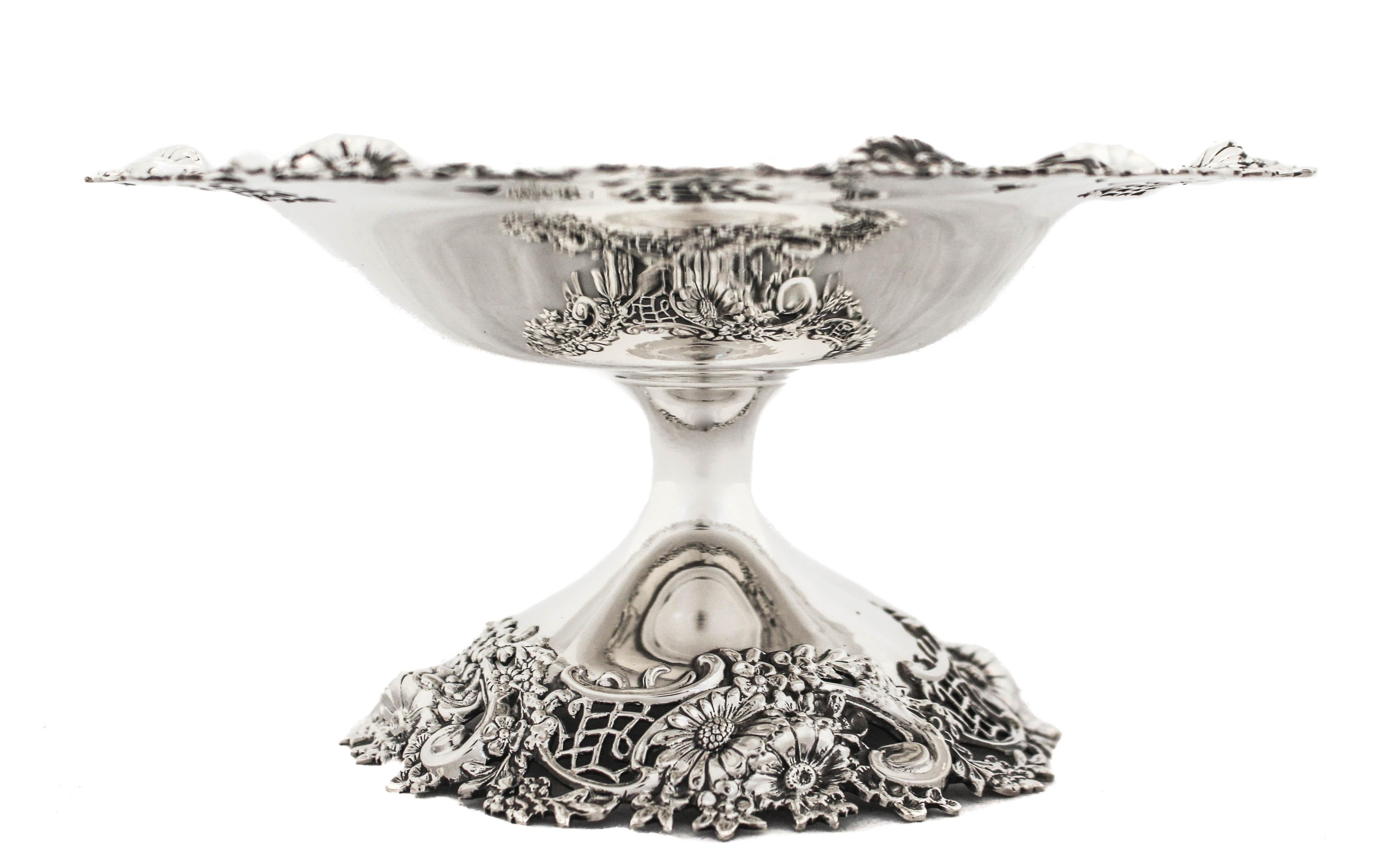Being offered is a sterling silver compote by Redlich & Company.  It has an ornate edge and matching base.  An elaborate pattern of different flowers and leaves interspersed with cutout work.  The base is not weighted. 
Very rich and elegant.