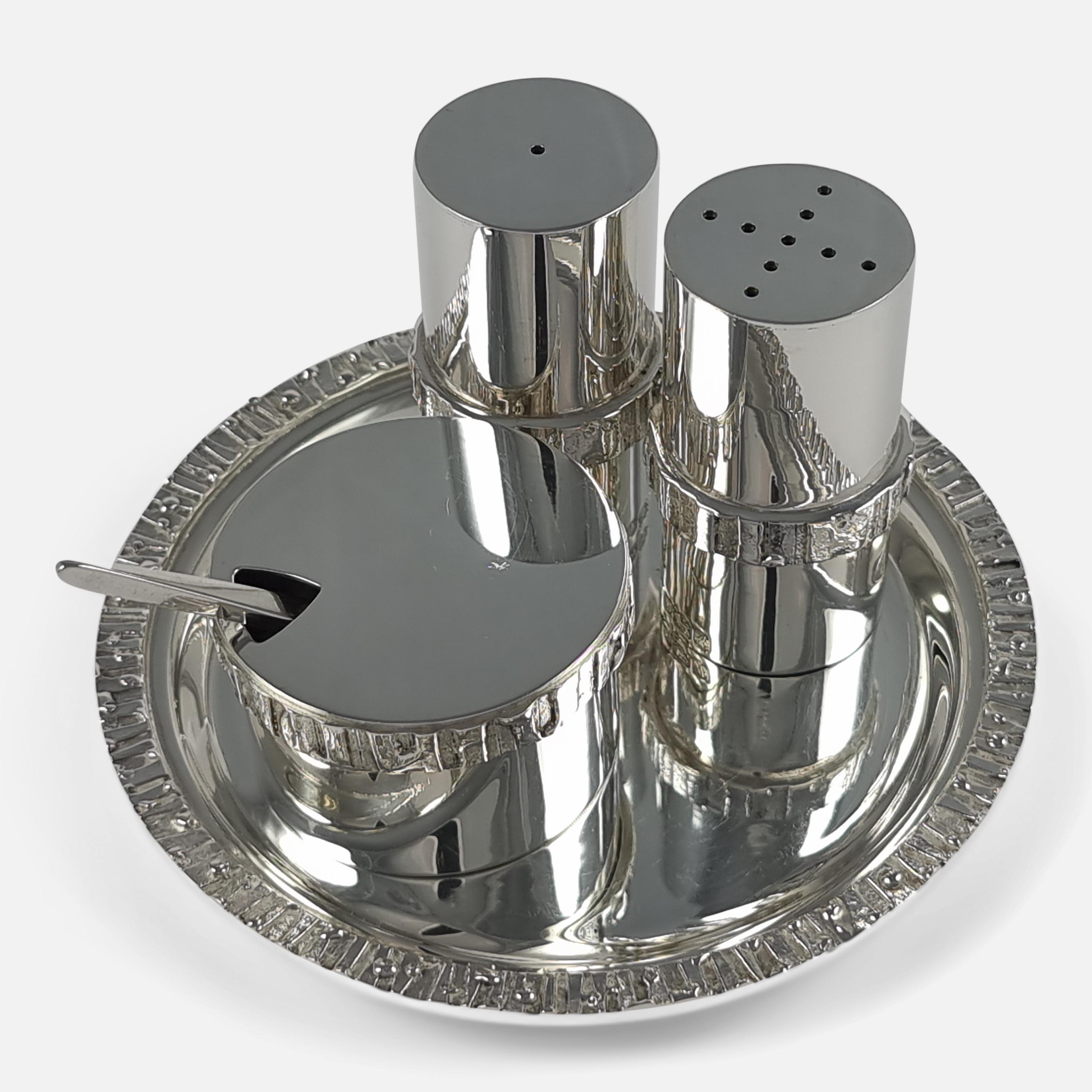 British Sterling Silver Condiment Set and Tray, Brian Asquith