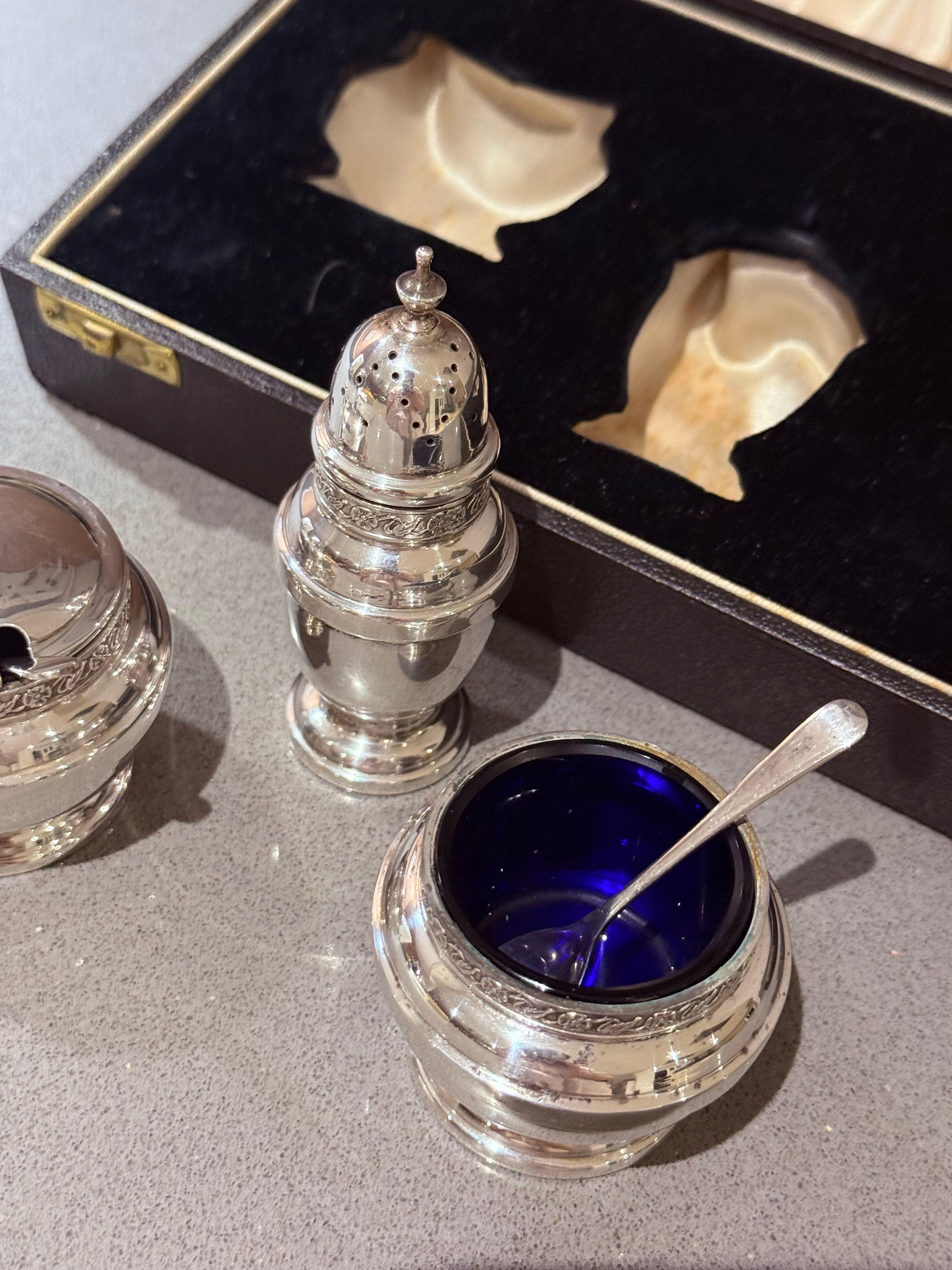 Set di condimenti in argento Sterling con custodia in vetro blu per sale, senape e pepe Shakers in vendita 9