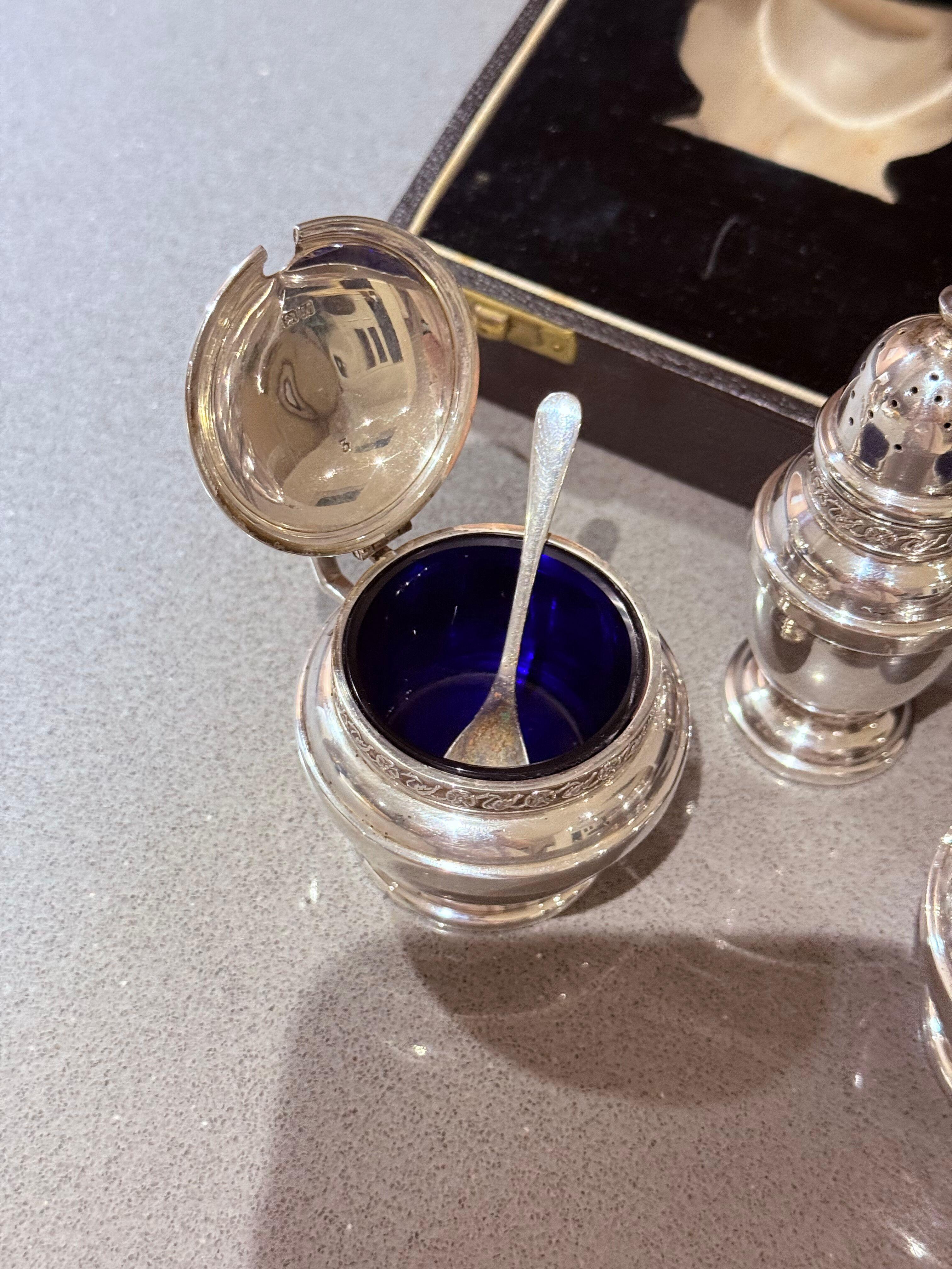 Set di condimenti in argento Sterling con custodia in vetro blu per sale, senape e pepe Shakers in vendita 10