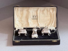 Sterling Silver Condiment Set in Case Blue Glass Salt, Mustard & Pepper Shaker