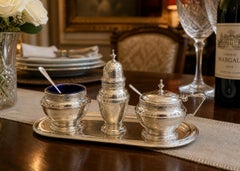 Sterling Silver Condiment Set in Case Blue Glass Salt, Mustard & Pepper Shaker