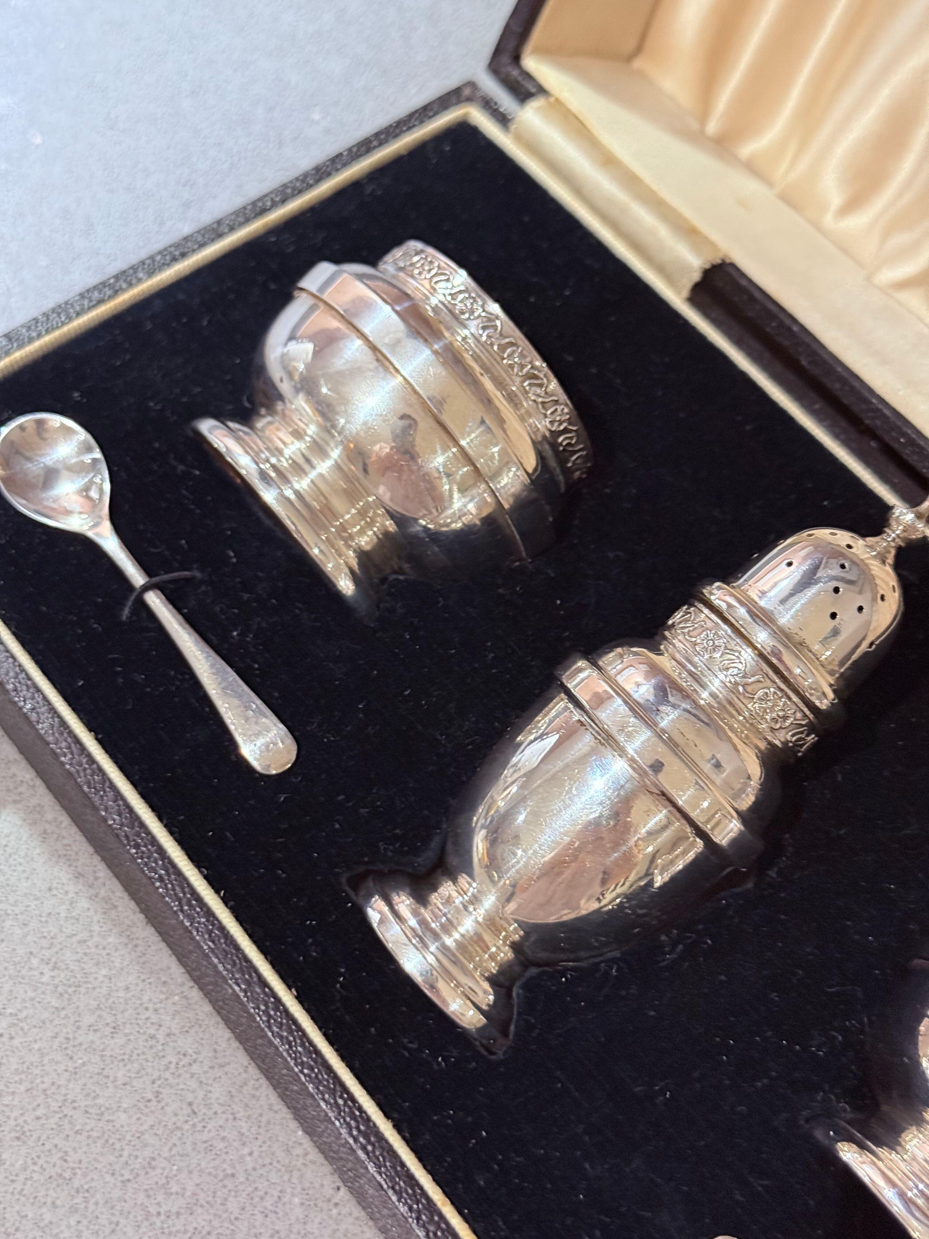 Intagliato Set di condimenti in argento Sterling con custodia in vetro blu per sale, senape e pepe Shakers in vendita