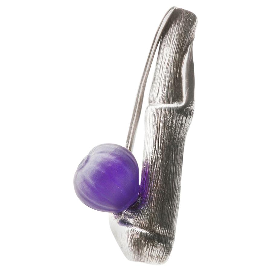 Sterling Silver Contemporary Sculptural Brooch Fig with Amethyst by the Artist For Sale