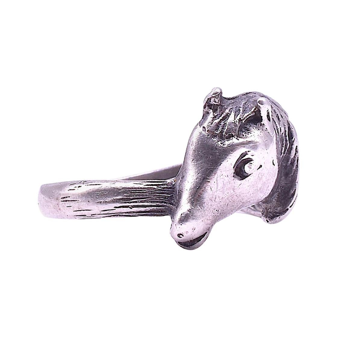 Sterling Silver Contemporary Figural Horse Head Ring For Sale