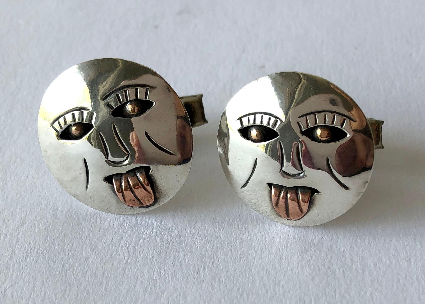 Sterling Silver Copper Mexican Modernist Cheeky Face with Tongue Out Cufflinks In Good Condition In Palm Springs, CA