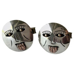 Vintage Sterling Silver Copper Mexican Modernist Cheeky Face with Tongue Out Cufflinks