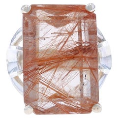 Sterling Silver Copper Rutilated Quartz Cocktail Solitaire Ring -925 Emerald Cut