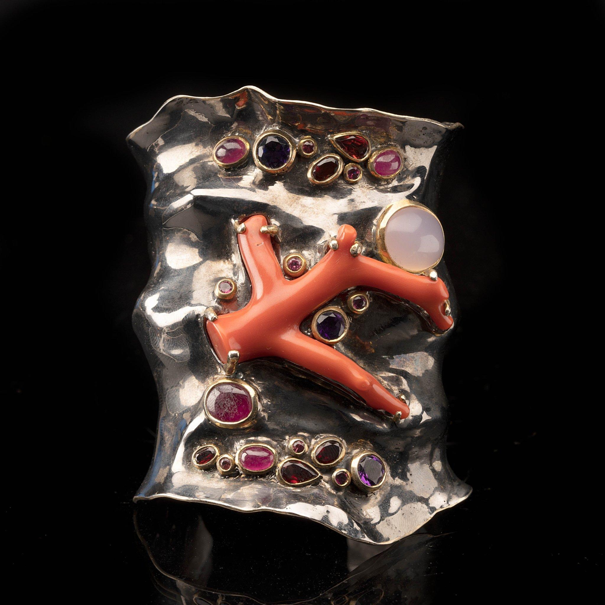 Sterling Silver Coral and Gemstone Adjustable Cuff Bracelet In New Condition In New York, NY