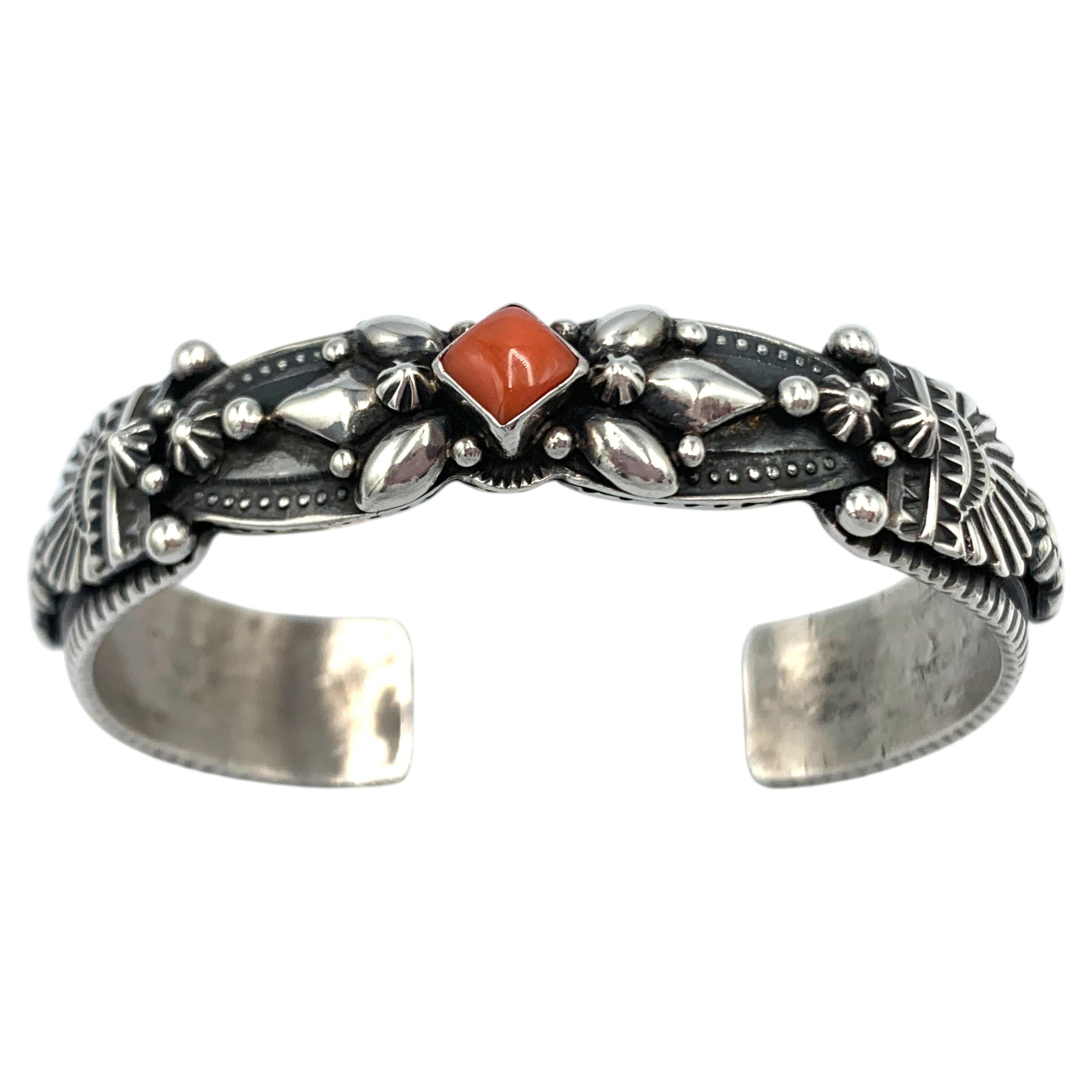 Sterling Silver Coral Cuff by Darryl Becenti (Navajo) For Sale