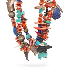 Sterling Silver Coral Turquoise Lapis Lazuli Multi-Strand Charm Necklace