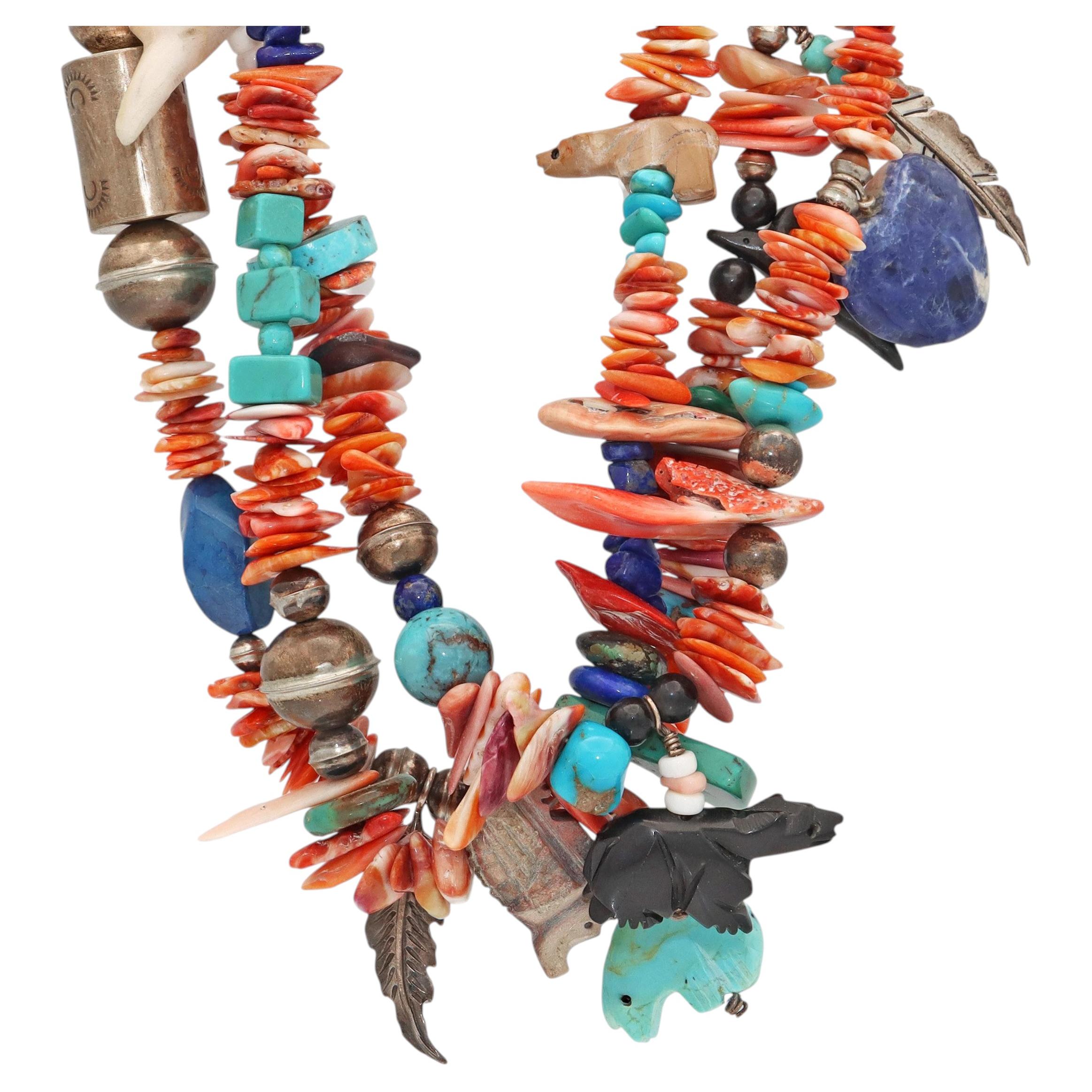 Sterling Silver Coral Turquoise Lapis Lazuli Multi-Strand Charm Necklace