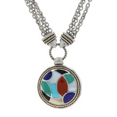 A Silver Coral Turquoise Malachite Collier 16 1/2" - 925 18k Inlay