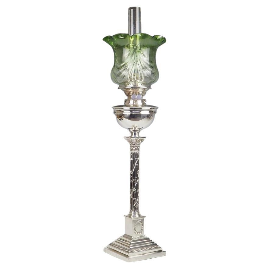 Sterling Silver Corinthian Column Oil Lamp with Original Green Glass Shade