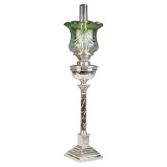 Sterling Silver Corinthian Column Oil Lamp with Original Green Glass Shade
