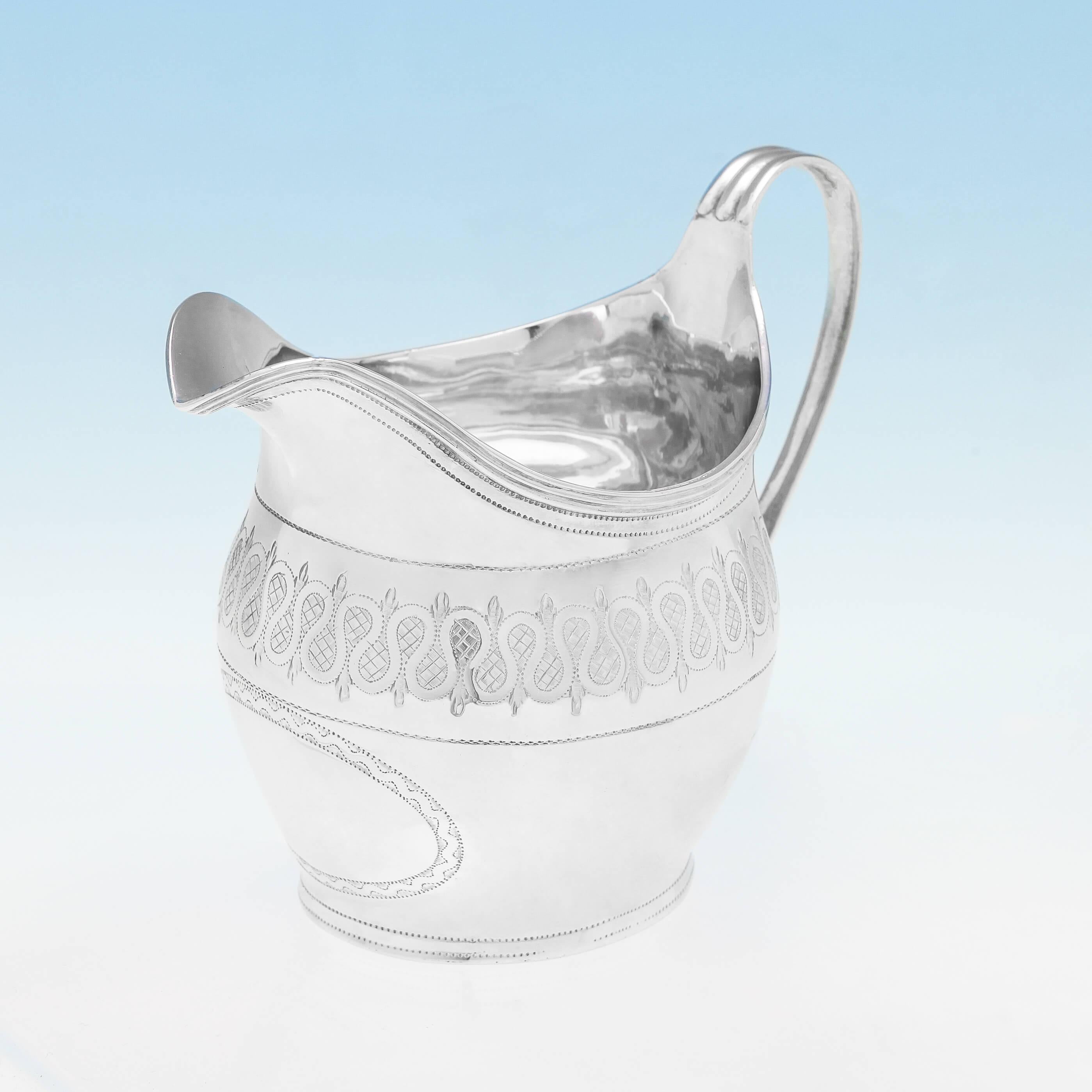 English George III Engraved Antique Sterling Silver Cream Jug from London in 1808