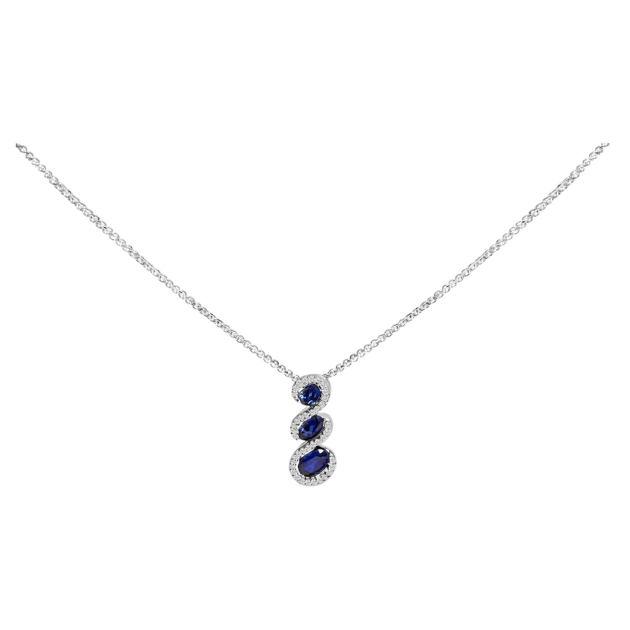 Sterling Silver Created Blue and White Sapphire 3 Stone Swirl Pendant Necklace