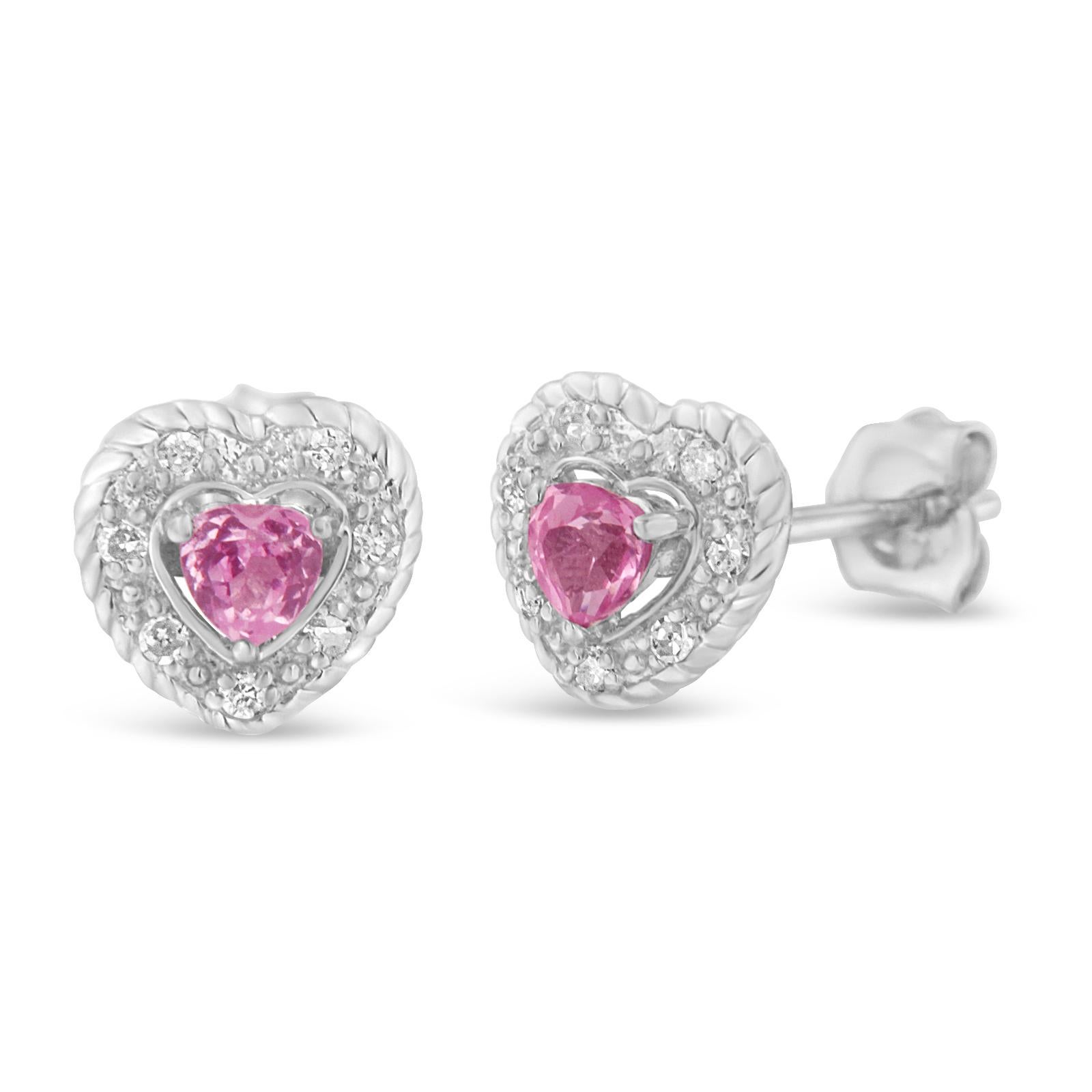 Contemporary Sterling Silver Created Pink Sapphire and Diamond Accent Heart Stud Earrings