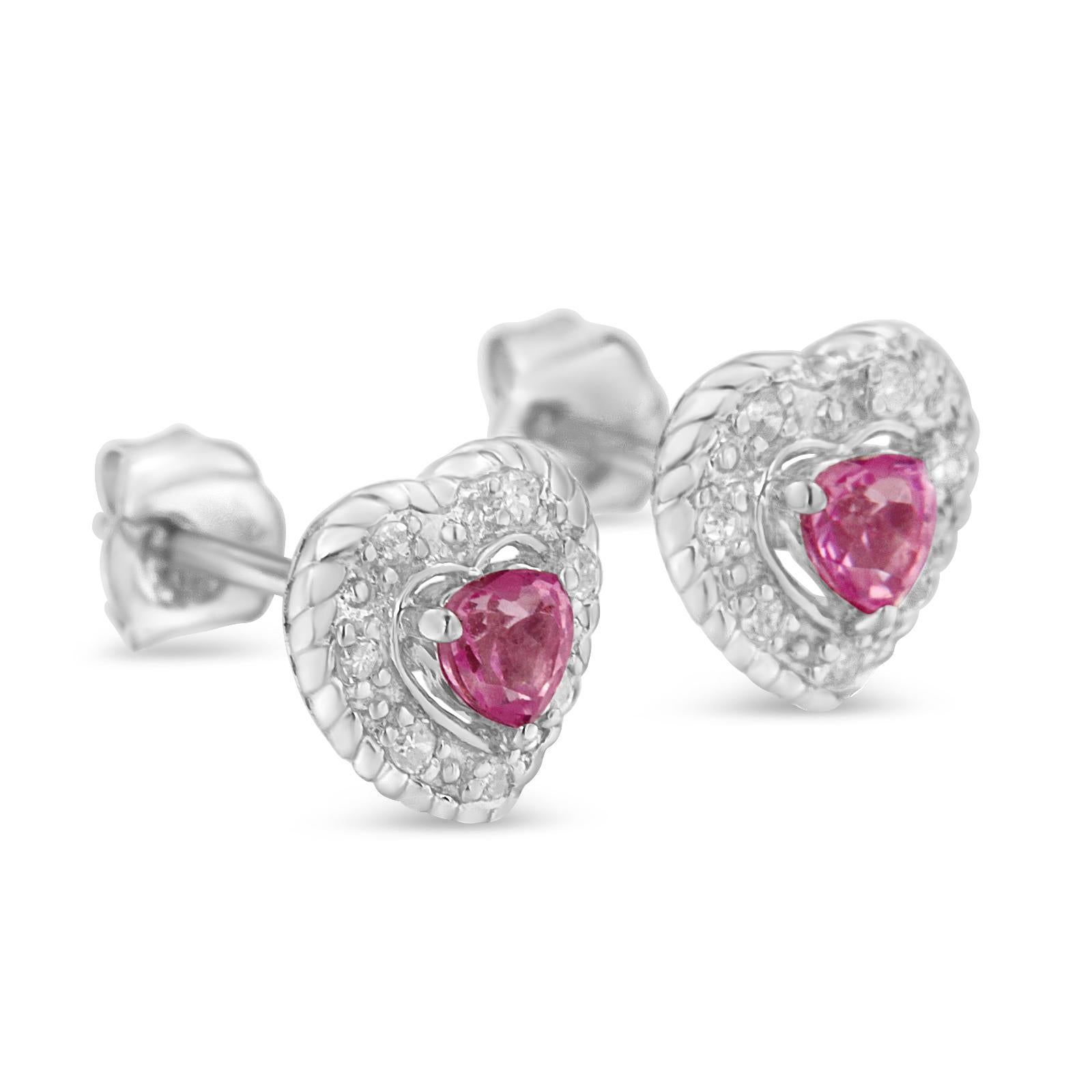 Round Cut Sterling Silver Created Pink Sapphire and Diamond Accent Heart Stud Earrings