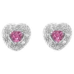 Sterling Silver Created Pink Sapphire and Diamond Accent Heart Stud Earrings