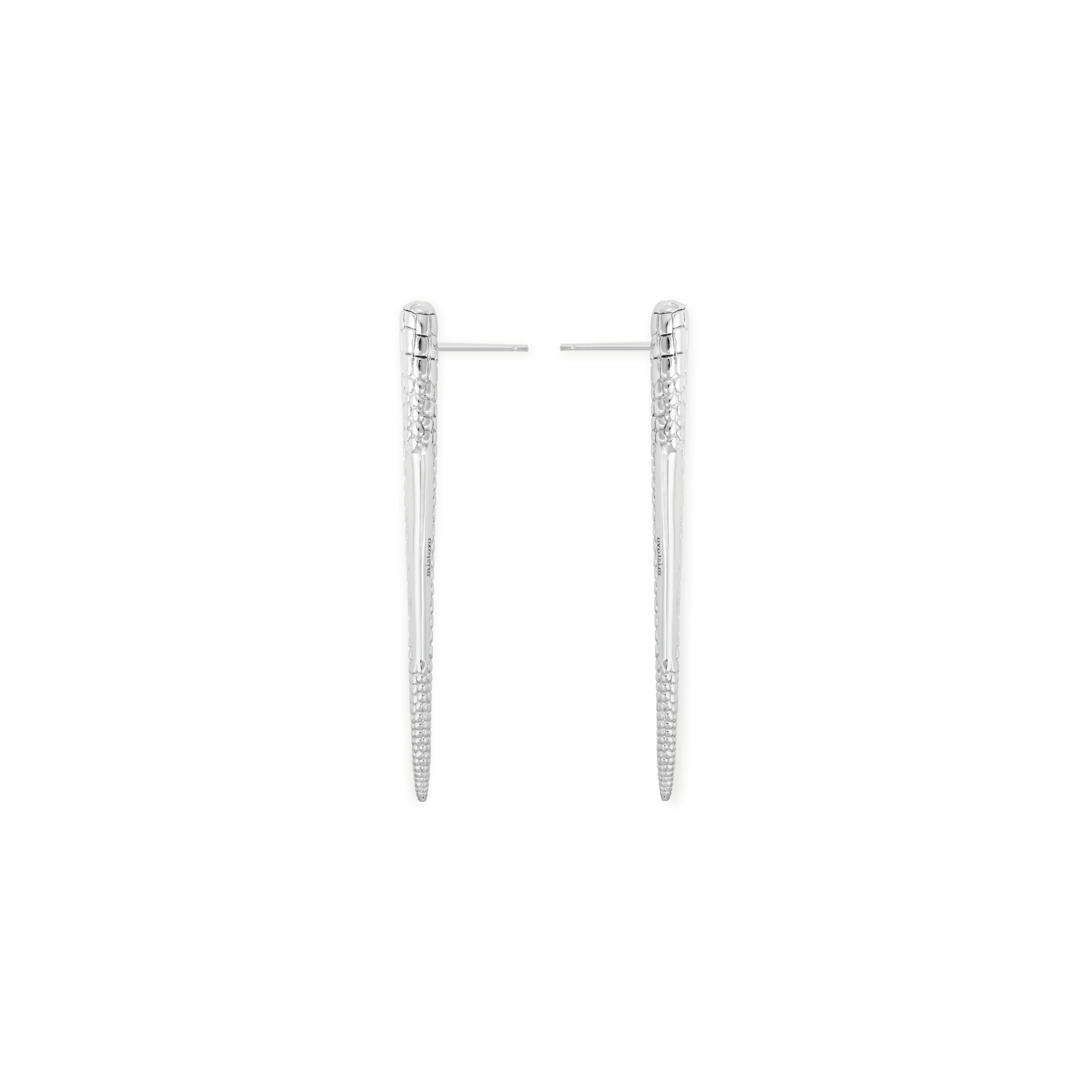 The silver Croco earrings are made from sterling silver and have a strong and fluid design. The top part has a textured surface treatment to add contrast to these earrings.  Highly polished surface for a luxury feel. 