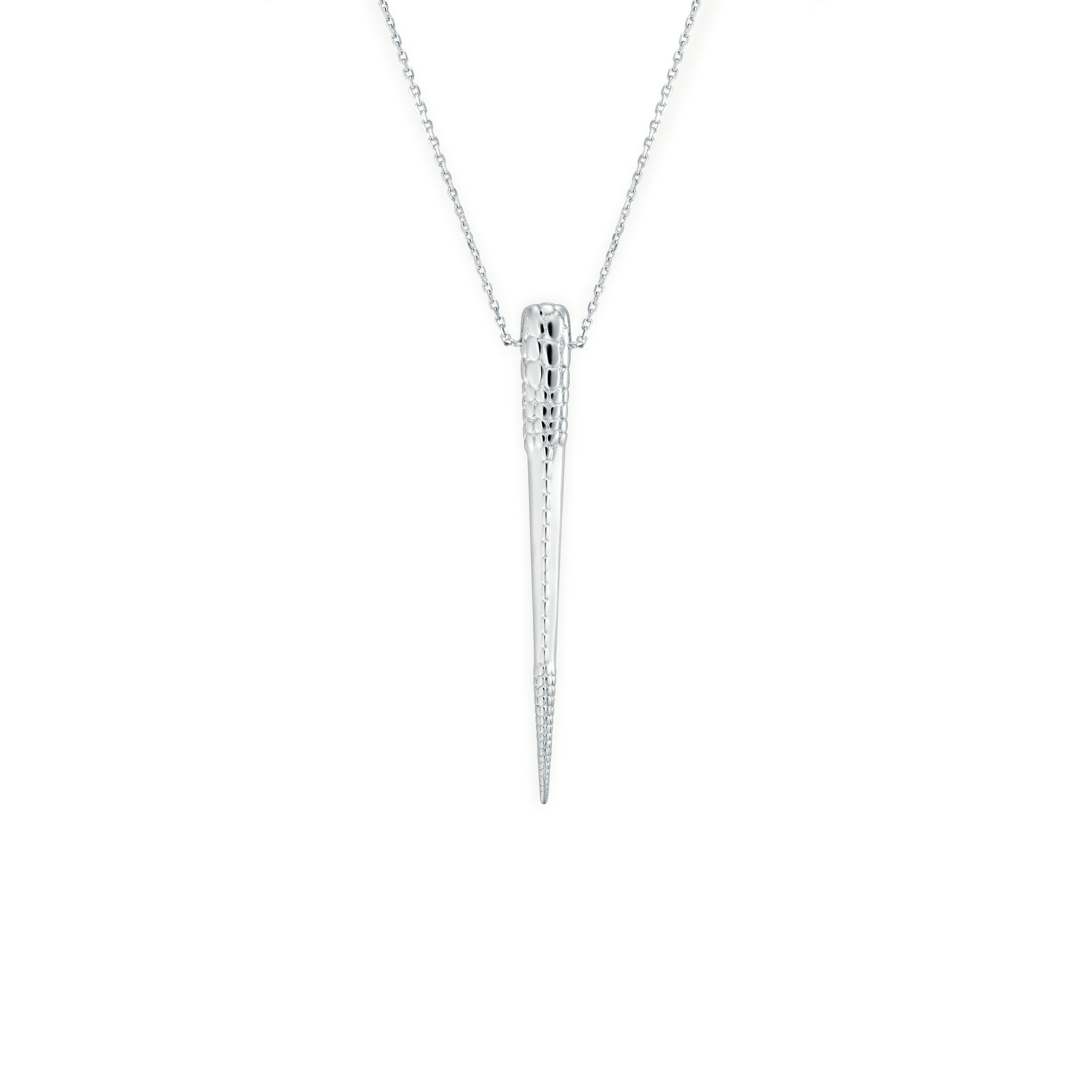 Sharp strong and effortless. Mistova;s silver croco long tooth necklace is a easy to wear beautifully crafted necklace. Made from highest quality silver with a crocodile skin texture on the highly polished surface makes this necklace a stand out. 