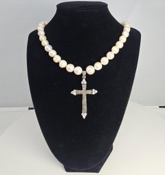 Sterling Silver Cross Pendant Marcasite Faux Pearl Clear Stone Necklace