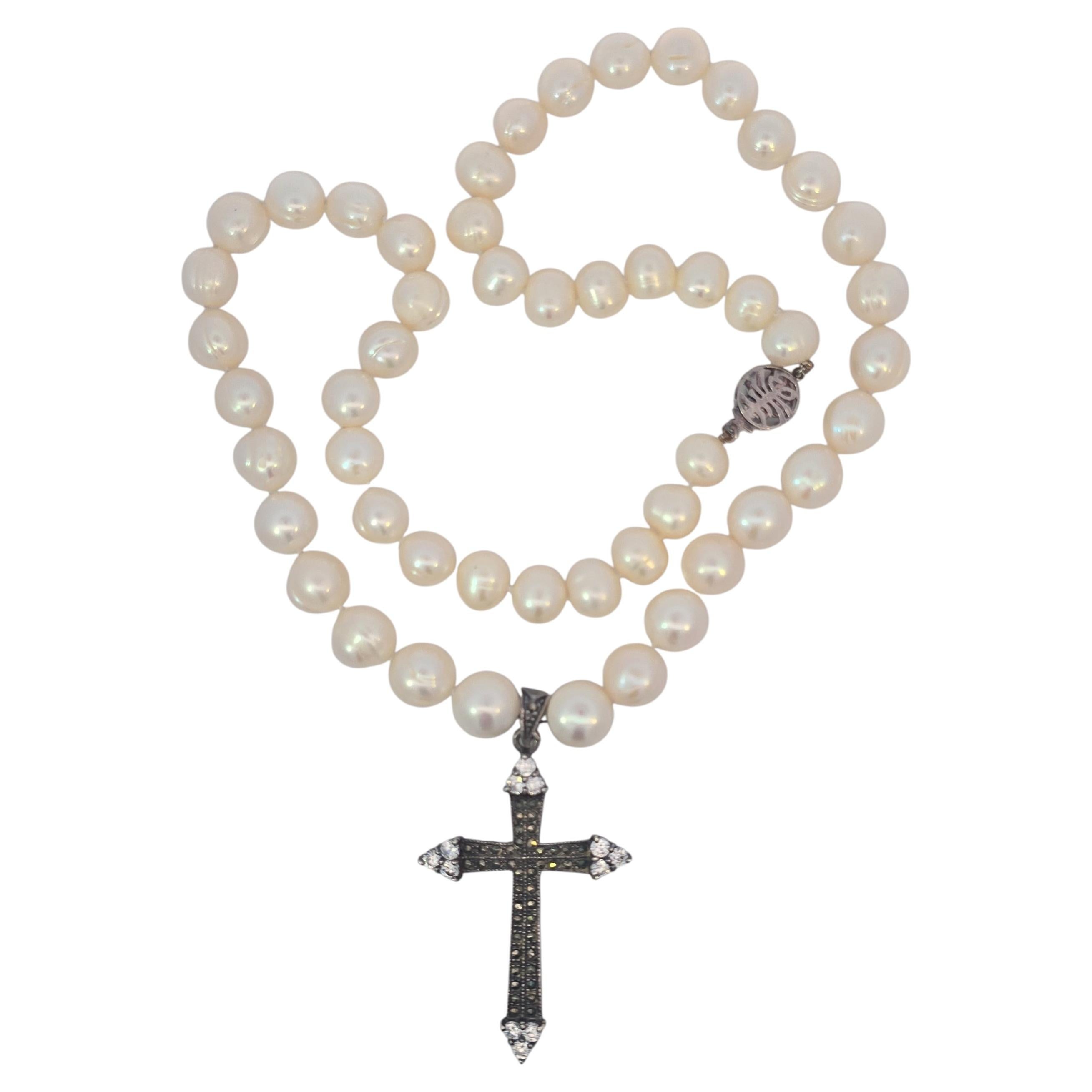 Sterling Silver Cross Pendant Marcasite Faux Pearl Clear Stone Necklace ...